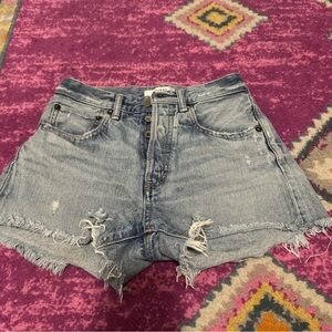 High-Rise Distressed Moussy Denim Shorts - Light Blue
